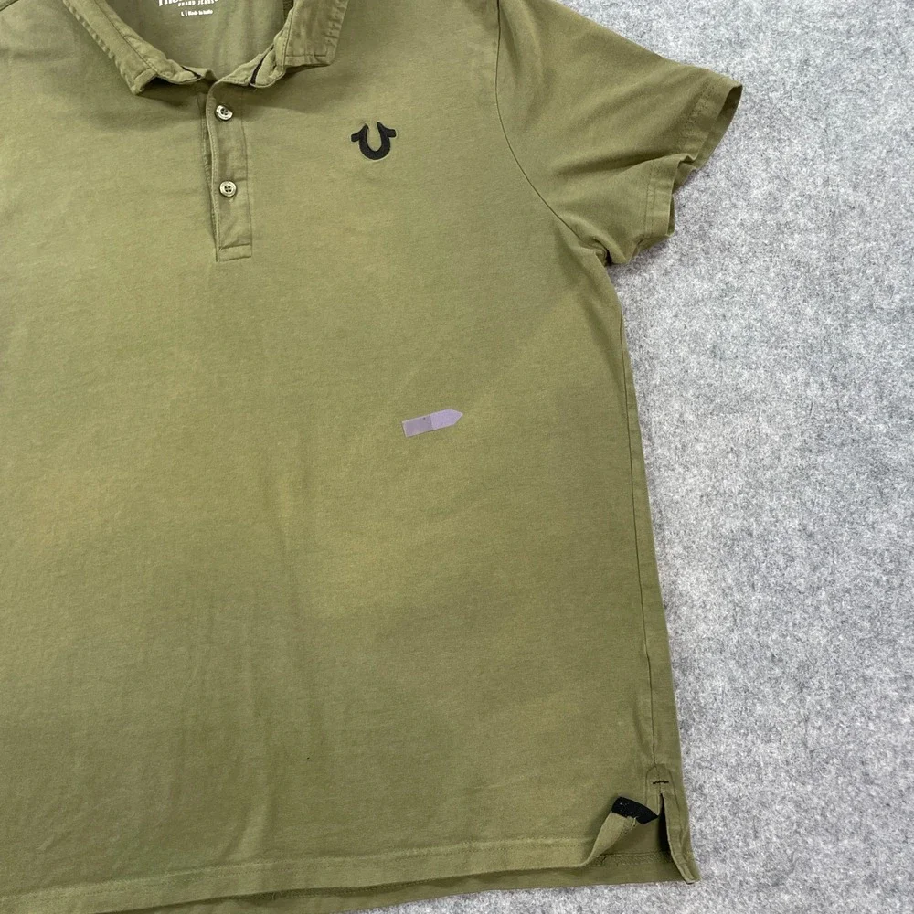True Religion Mens Polo Shirt L Olive Stretch Short Sleeve Statement Cotton
